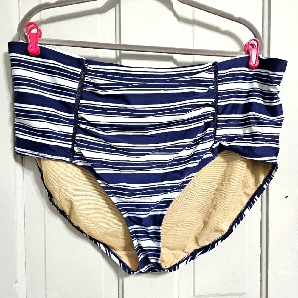 Cacique Tummy Control Navy Blue Striped Bikini Bottom